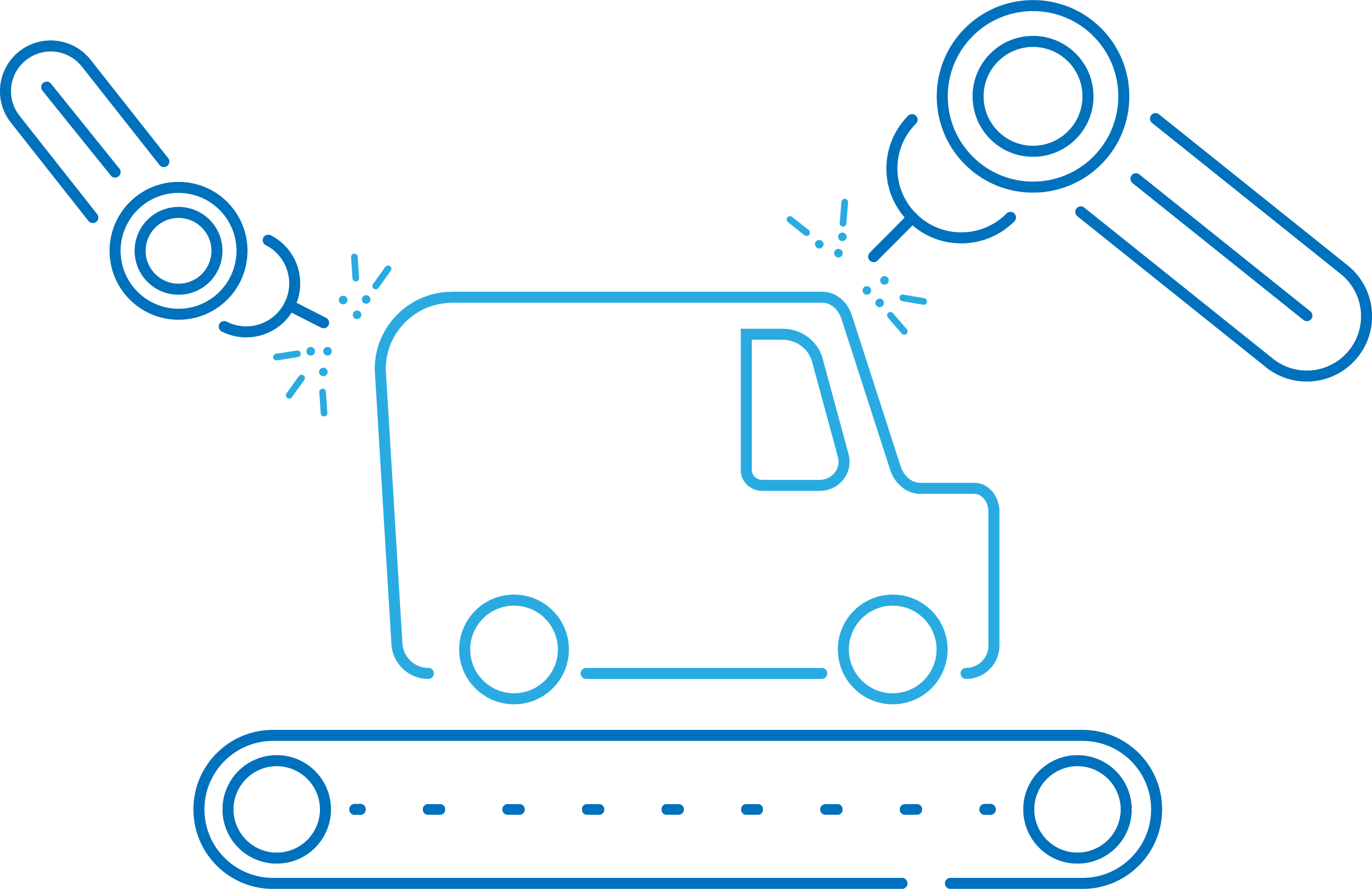 Grafik eines Fahrzeugs auf einem Fließband, das von zwei Roboterarmen bearbeitet wird, symbolisiert Automatisierung in der Fahrzeugproduktion