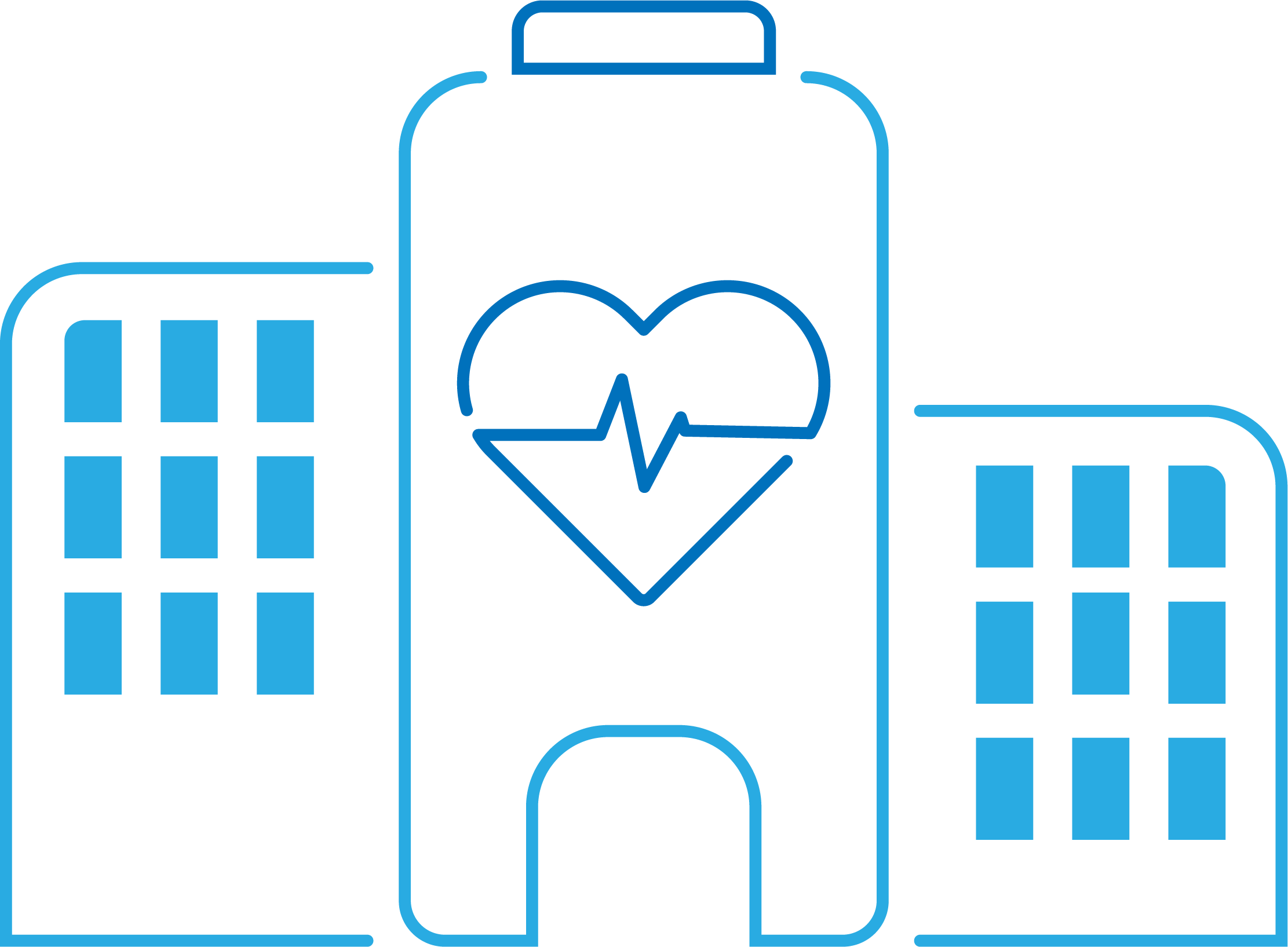 Symbolgrafik eines Krankenhausgebäudes mit Herz und EKG-Linie, die Gesundheitswesen oder medizinische Versorgung darstellt.