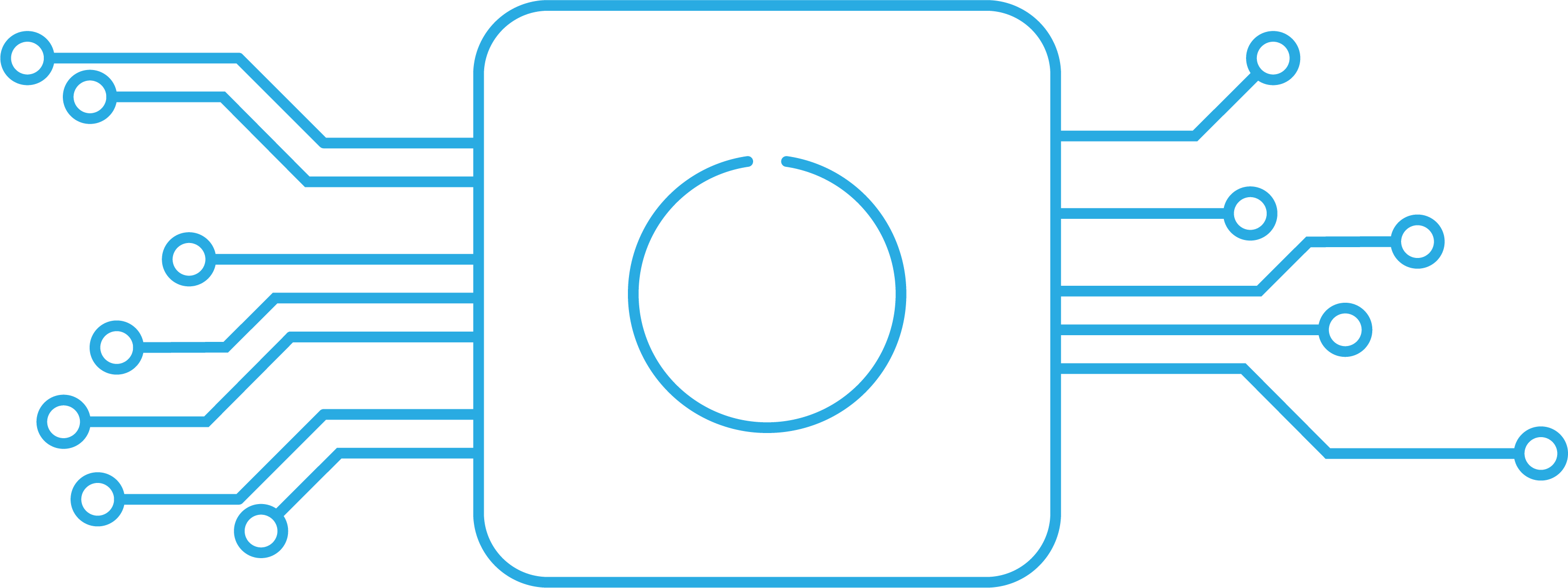 Grafik eines simplen Computerchips mit einer zentralen quadratischen Form Schaltkreise symbolisieren.